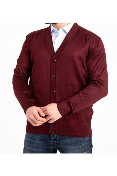 Elçelya Moda Men's Burgundy Thin Wool Knitwear Knitted Dad Pocket Cardigan