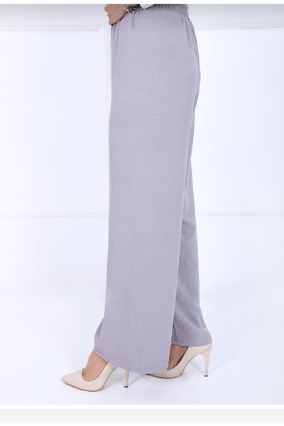 Elçelya Moda Women's Gray Elastic Waist Ayrobin Fabric Wide Leg Large Size Pants