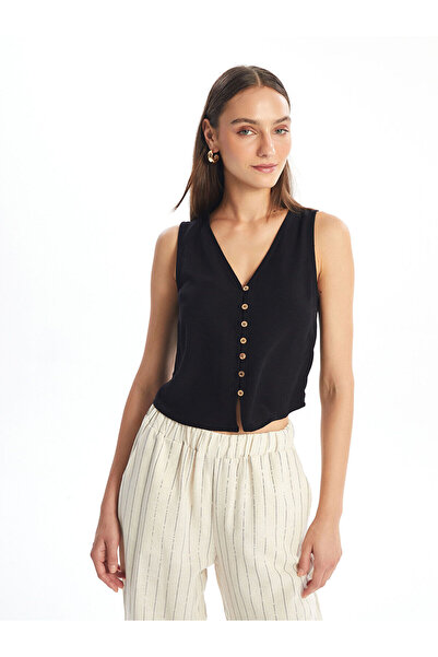 LC Waikiki Nevavm V-Neck Plain Linen Blend Women's Classic Vest with a Differ...
