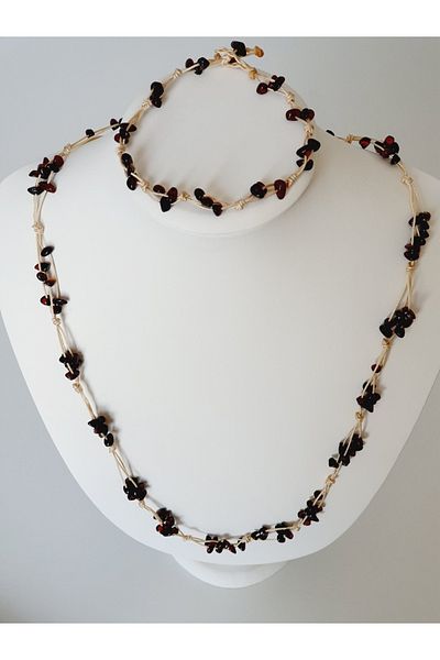 Kehribar Sarayı Drop Amber Knitted Knotted Ece Necklace Bracelet Set Cream Rope Design