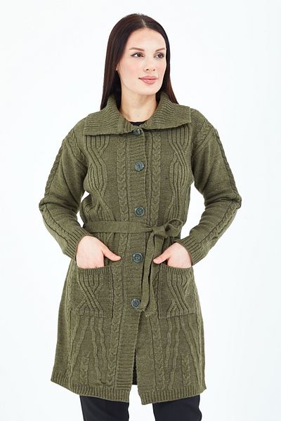 Elçelya Moda Women's Khaki Green Collar Buttoned Pocket Belted Knitted Knitwear Wool Long Cardigan