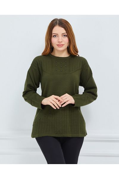 Elçelya Moda Women's Khaki Green Knitwear Winter Middle Age Daily Mother Blouse Sweater