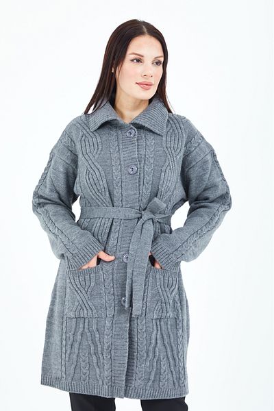 Elçelya Moda Cardigan lung de lână tricotat cu curea, cu guler gri, cu nasturi