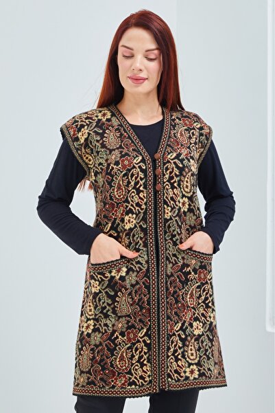 Elçelya Moda Kadın Siyah Cepli Anadolu Desenli ÜçAdet Düğmeli Uzun Yelek