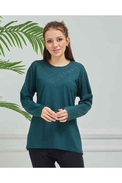 Elçelya Moda Bluză din bumbac pieptănat pentru mamă de vârstă mijlocie brodata cu ulei