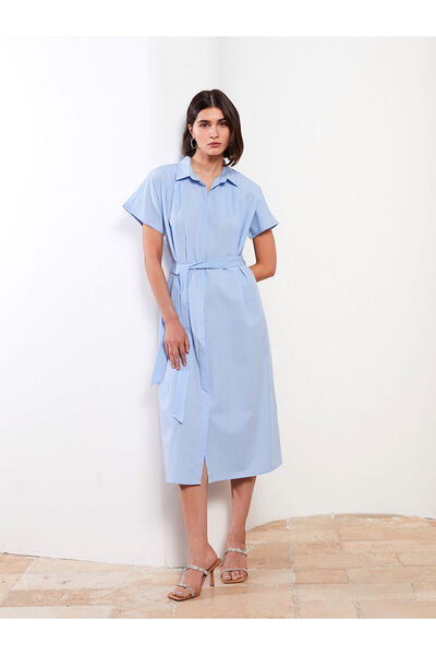 LC Waikiki Blue Plain Short Sleeve Poplin Women's Shirt Dress