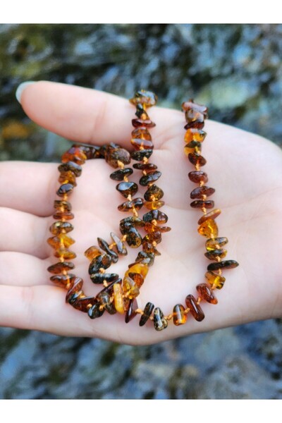 Kehribar Sarayı Damla Amber Myrtle Necklace Fossil Color 53 Cm Chips Model Knotted Design