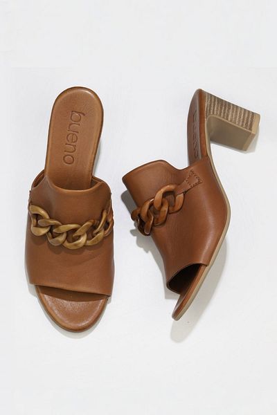 Bueno Shoes Γυναικείες δερμάτινες παντόφλες με τακούνι καφέ - 01wu9502