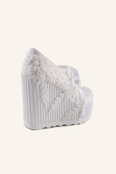 MARCATELLI Bej Saten 12 Cm Dolgu Topuk Spor Gelin Ayakkabısı