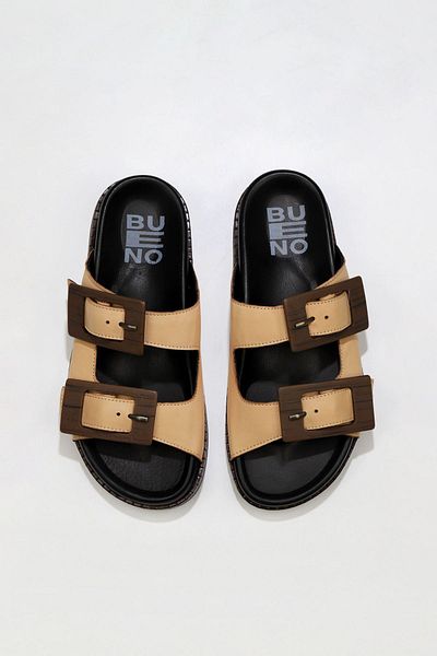 Bueno Shoes Μπεζ δερμάτινες γυναικείες παντόφλες - Flat Design 01wu5817