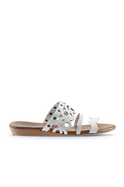 Bueno Shoes Papuci plati din piele albă pentru femei - 01wu7445