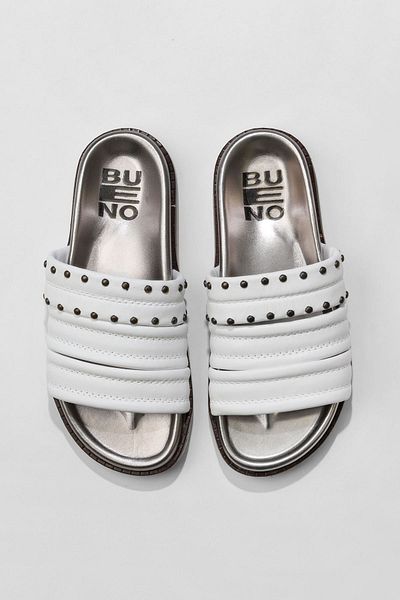 Bueno Shoes Papuci plati din piele albă pentru femei - 01wu5829