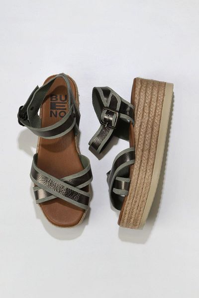Bueno Shoes Espadrile de damă din piele kaki strălucitoare - Sandale cu toc cu pană 01wu6116