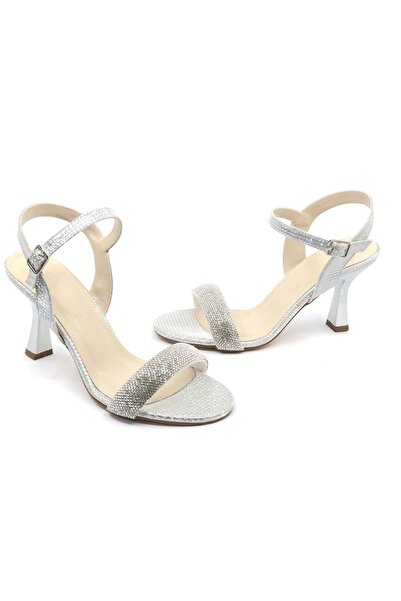 KOCAMANLAR Feles Silver Women's Evening Dress Shoes - Wide Stone Band, Open Back