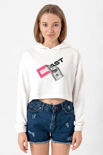 Tshirthane Mr Beast Dollar Bill Ecru Women's Crop Hoodie