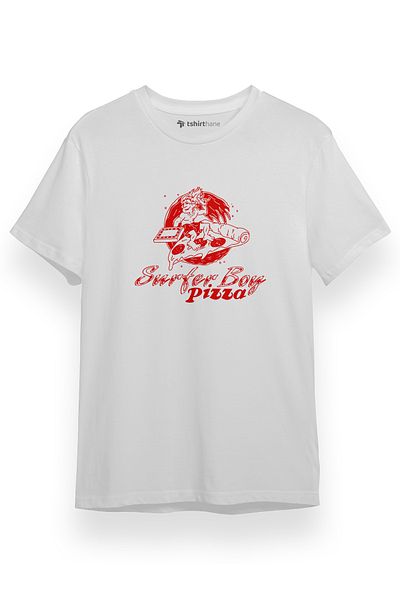 Tshirthane Stranger Things Surferboy Pizza Λευκό κοντομάνικο ανδρικό μπλουζάκι