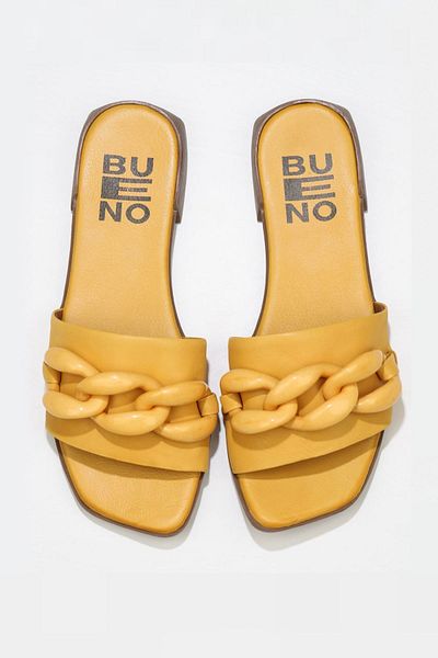 Bueno Shoes Κίτρινες δερμάτινες γυναικείες φλατ παντόφλες 01wu1815