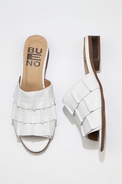 Bueno Shoes Papuci plati din piele albă pentru femei - 01wn5101