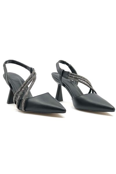 KOCAMANLAR Feles Three Stripes Stone Detailed Women's Heeled Shoes Stiletto Black
