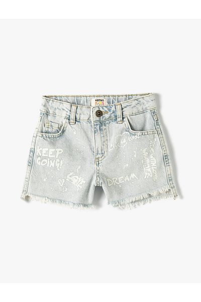 Koton Denim Shorts Slogan Printed Cotton with Pockets