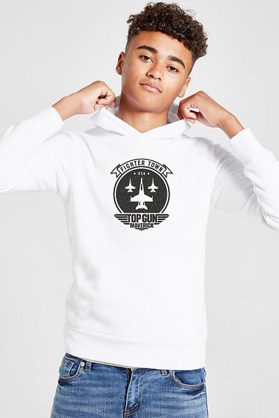 Tshirthane Детски суитшърт с качулка Top Gun Maverick Fighter Town бял 3ip