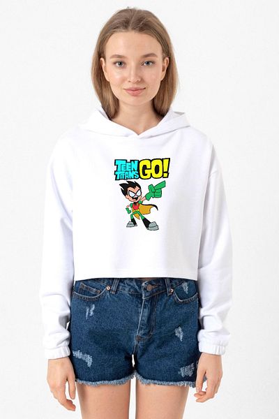Tshirthane Teen Titans Go Robin White Optical Women's Crop Hoodie