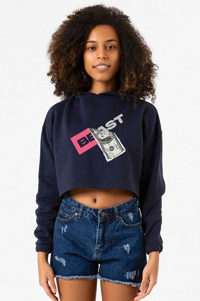 Tshirthane Mr Beast Dollar Bill Navy Blue Women's Crop Hoodie