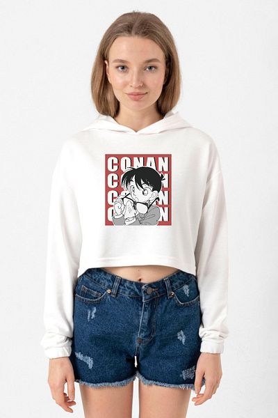 Tshirthane سترة نسائية قصيرة بقلنسوة من Detective Conan Anime Conan Ecru
