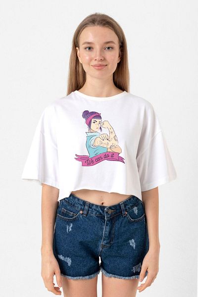 Tshirthane Women's White Crop T-Shirt -'We Can Do It'