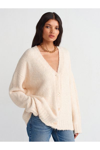 Dilvin 60258 Model Soft Textured V-Neck Knitwear Cardigan - Light Beige