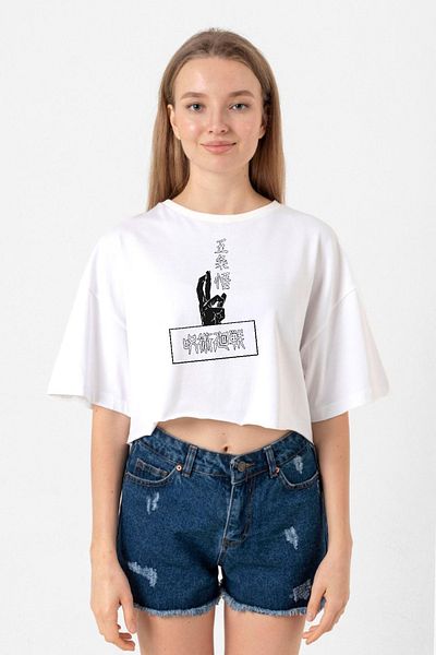 Tshirthane Jujutsu Kaisen Anime Gojo Satoru White Women's Crop T-shirt