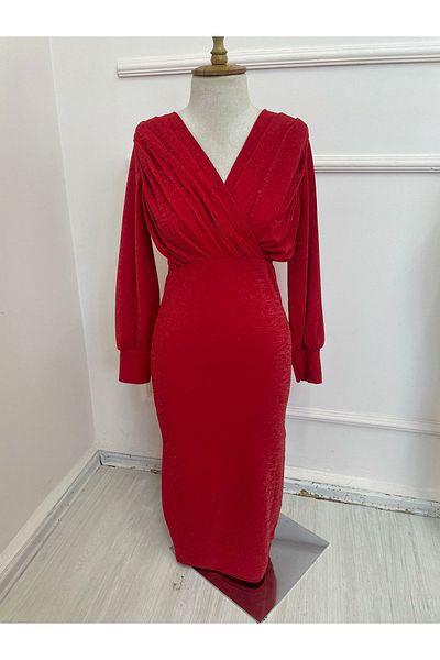 Moka Shopin MokaShopin Women's Maxi-Length Dress - Long Sleeve, Double Breasted Collar and Glitter Balloon Sleeve Detail