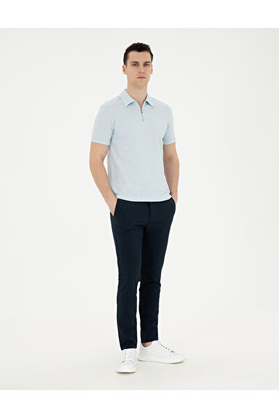 Pierre Cardin Mornarsko plave Slim fit platnene pantalone sa vezicama od seer...