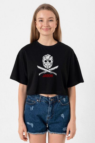 Tshirthane Friday The 13th Jason Mask Black Women's Crop T-shirt