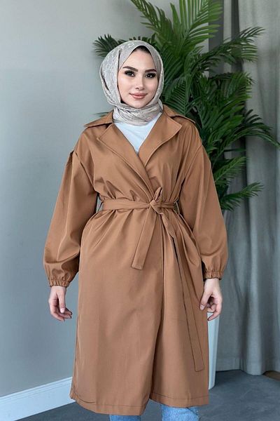 Şule Giyim Balloon Sleeve Waist Tied Trench Coat Milk Coffee