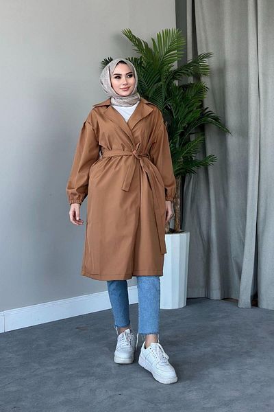 Şule Giyim Balloon Sleeve Waist Tied Trench Coat Milk Coffee