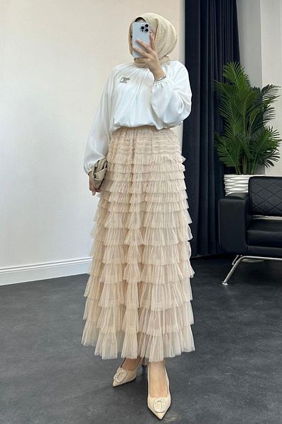 Şule Giyim Elastic Waist Insert Skirt Beige