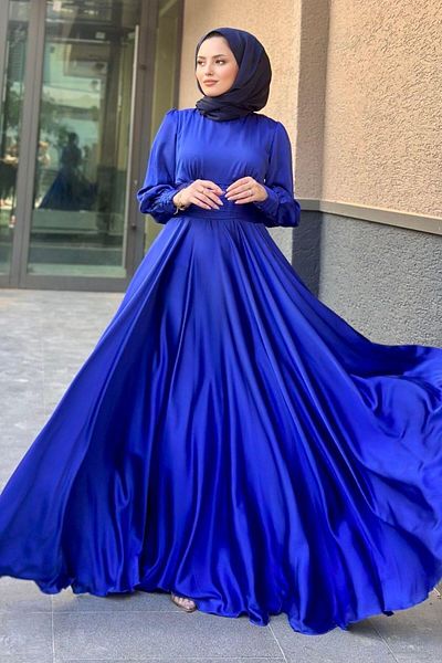 Şule Giyim Rochie de seară Maxi Hijab Saks cu talie plisată