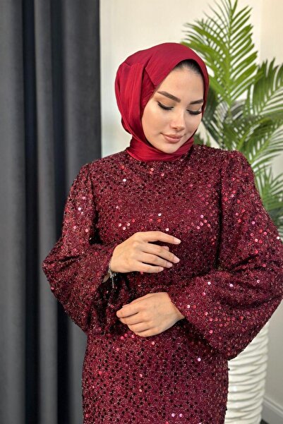 Şule Giyim Grizzled Sequined Evening Dress Claret Red