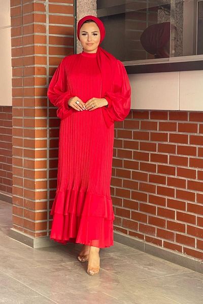 Şule Giyim Tight Pleated Belted Evening Dress Red