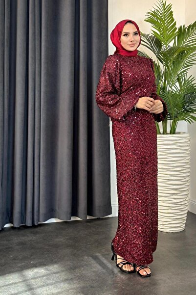Şule Giyim Grizzled Sequined Evening Dress Claret Red