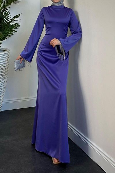 MERVEN AKYÜZ Pena Spanish Sleeves Chain Detail Evening Dress Purple