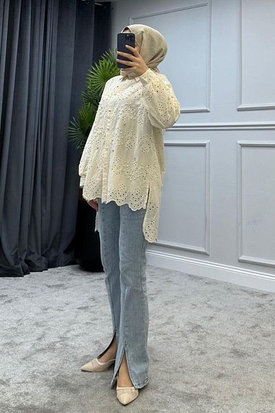 Şule Giyim Scallop Pearl Tunic Ecru
