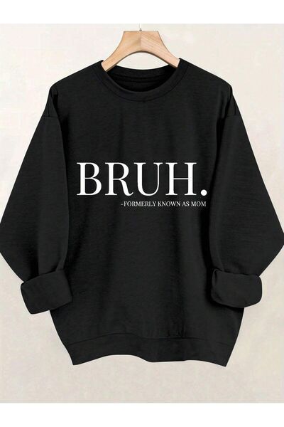 Mythologie Bruh. Thick Winter Sweatshirt - Black Printed Oversized Crew Neck