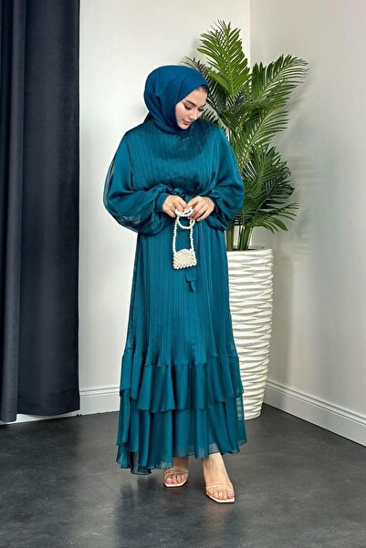 Şule Giyim Tight Pleated Belted Evening Dress Emerald