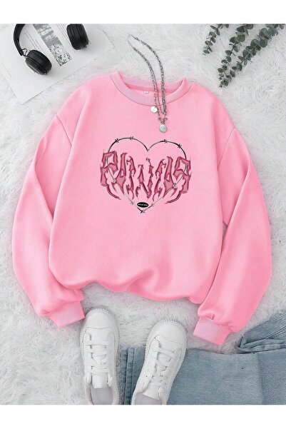 Mythologie Thick Winter Sweatshirt with Spiked Heart Design - Pink Printed Ov...