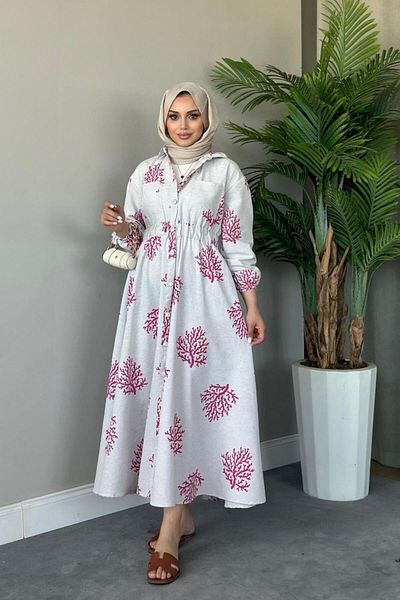 Şulemoda Giyim Fuchsia Linen Dress - Pervin Patterned