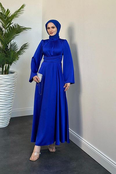 MERVEN AKYÜZ Βραδινό φόρεμα Silk Satin Diba - Σταυρός ζώνη, χρώμα Sax