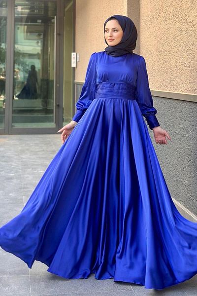 Şule Giyim Rochie de seară Maxi Hijab Saks cu talie plisată