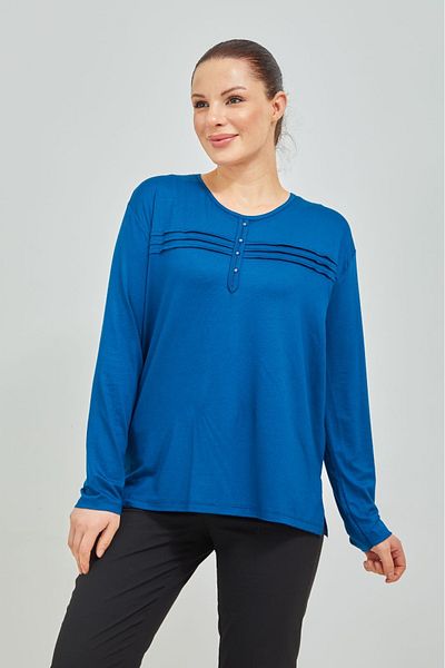 Elçelya Moda Bluză de damă din bumbac pieptănat cu lycra albastru indigo de vârstă mijlocie